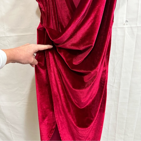 Double Crazy Drape Neck Asymmetrical Hem Velvet Cami Dress Burgundy Large - Picture 5 of 9